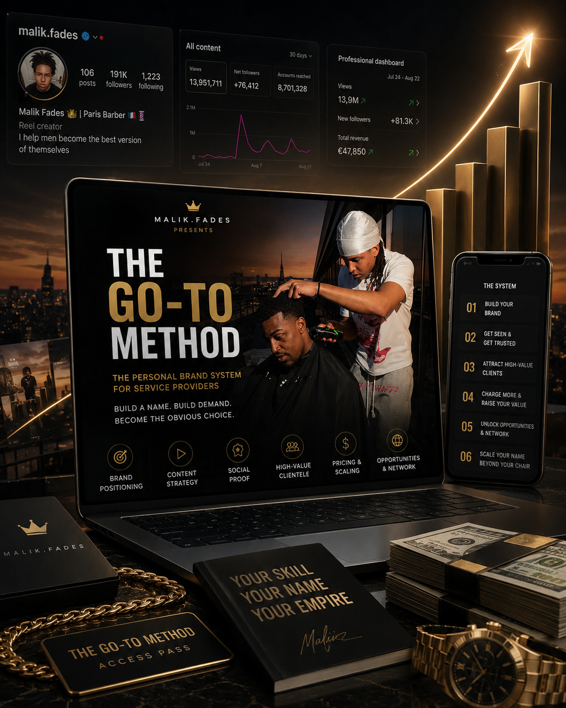 The Go-To Method shown on a laptop and phone, listing the six modules: build your brand, get seen and get trusted, attract high-value clients, charge more and raise your value, unlock opportunities and network, scale your name beyond your chair.